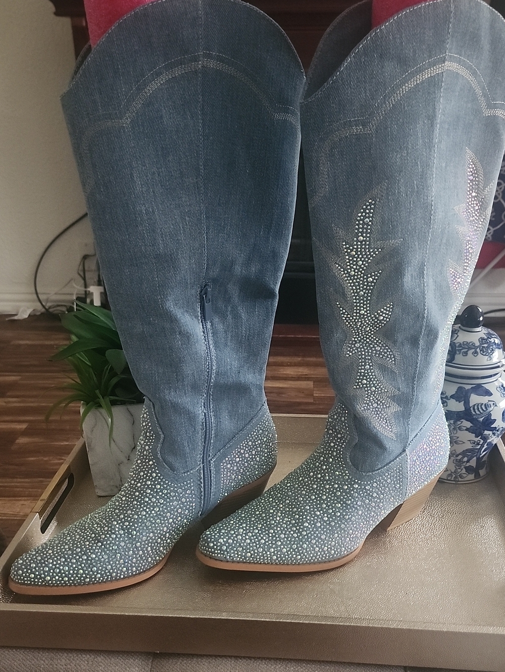 Denim Blue Embellished Women's Jeans Boots - Brand: